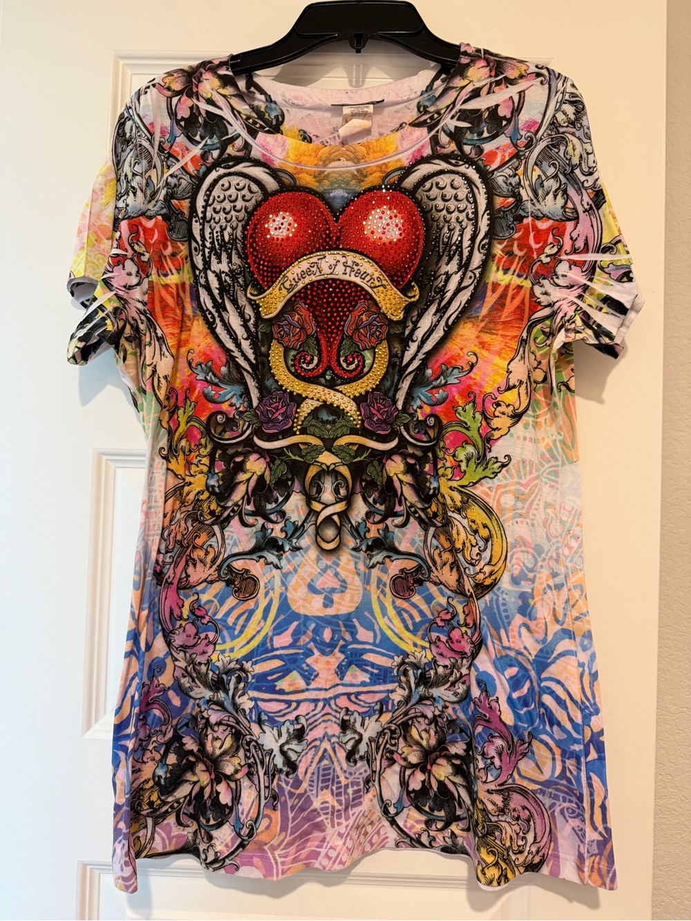 Queen of Heart Rhinestone Tattoo Print T-Shirt Y2K Style Size 2